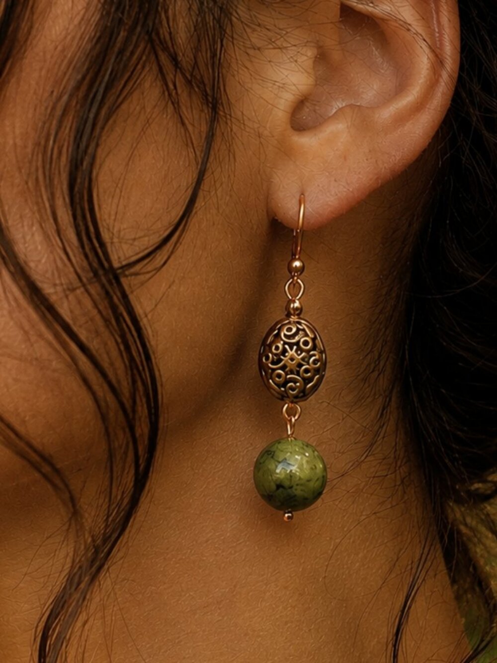 Green Jade Stone & Antique Brass Dangle Earrings, 24k Gold Plated Stainless